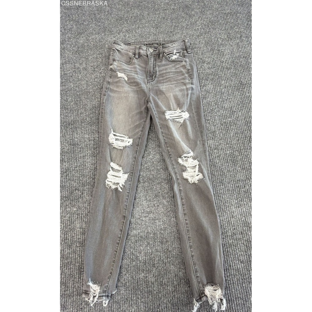 American Eagle Women's Gray Super Hi-Rise Stretch Distressed Jeans 4 Short
